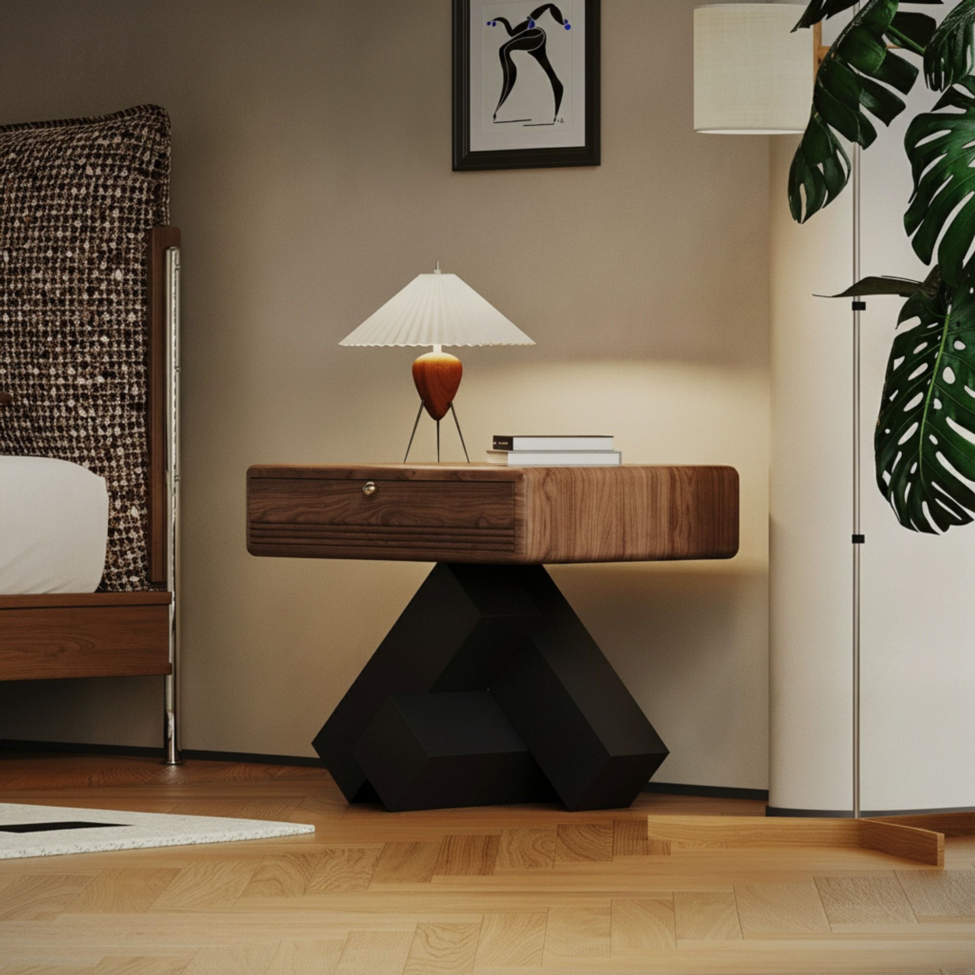 Vintage Geometric Wood Nightstand