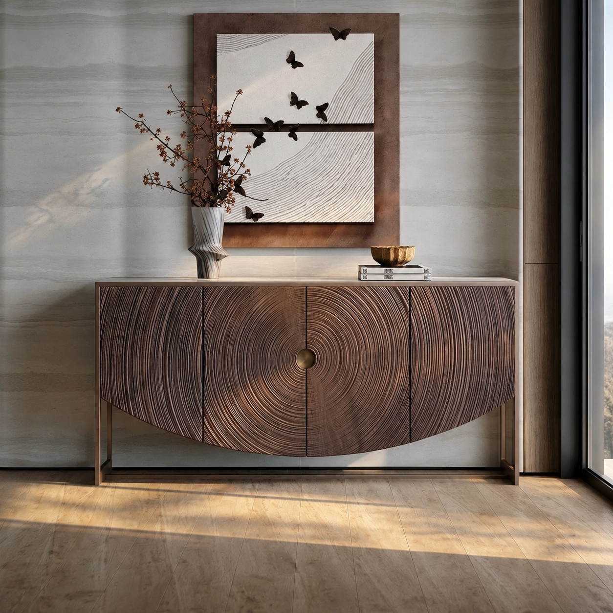 Mid‑Century Carved Tree‑Ring Sideboard